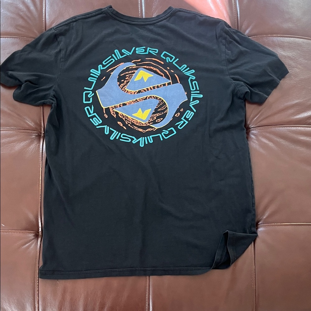 Quiksilver Black Tee with Blue and Yellow Graphic